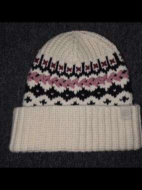 Rag & Bone Cream Knit Beanie with Pink & Black Fair Isle Detail